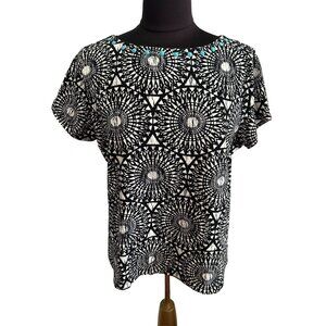 Ruby Rd. Favorites Top L Black & White Geometric Pattern With Turquoise Accents